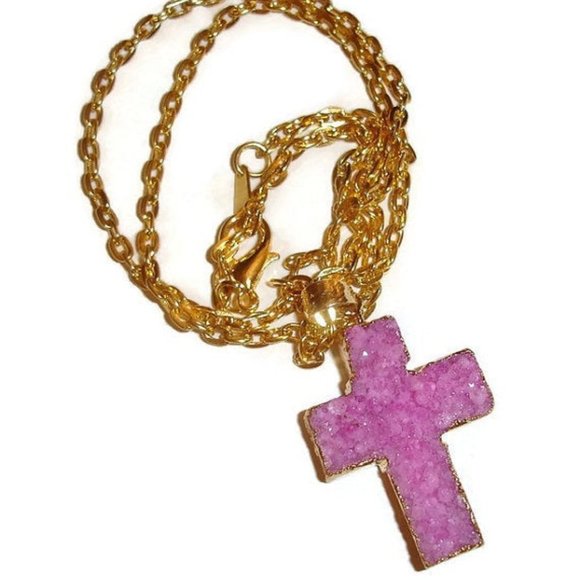 Blessed Moon Artifacts Jewelry - Pink Druzy Cross Necklace Cross Religious Jewelry